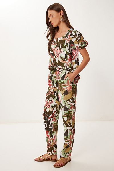 Happiness İstanbul Women's Khaki Dried Rose Patterned Linen Blouse Trousers Set Fi̇00001