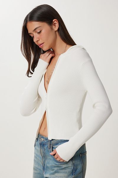 Happiness İstanbul Women's Bone Hooded Zippered Ribbed Knitwear Cardigan Ub00408