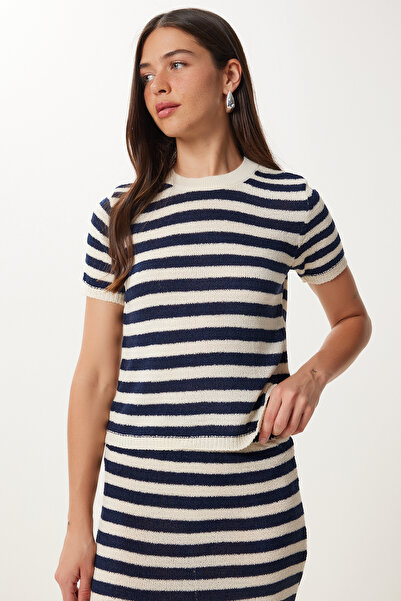 Happiness İstanbul Women's Navy Blue Bone Striped Slit Knitwear Bottom-Top Set Yy00241