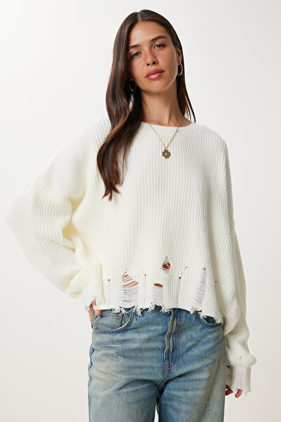 Happiness İstanbul Dámský oversize svetr s roztrhanými detaily Ecru ki00098