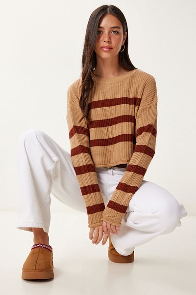Happiness İstanbul Pulover de tricotaj crop cu dungi Camel de damă Kİ00139