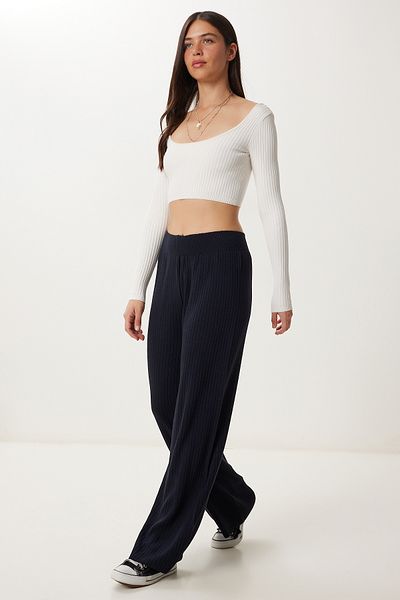 Happiness İstanbul Women's Navy Blue Ribbed Knitwear Trousers Ki̇00096