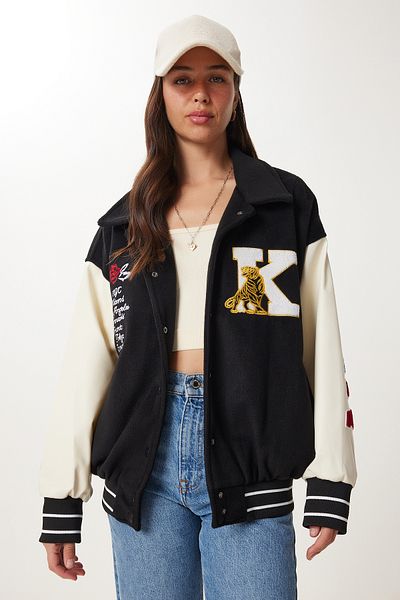 Happiness İstanbul Women's Black Slogan Oversize Cashmere College Jacket Rg00079