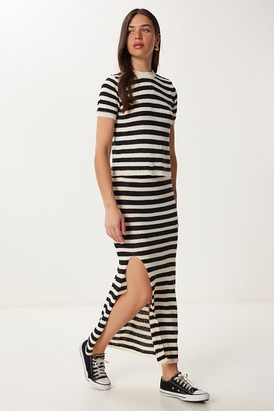Happiness İstanbul Women's Black Bone Striped Slit Knitwear Bottom-Top Set Yy00241