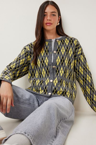 Happiness İstanbul Women's Gray Yellow Diamond Patterned Knitwear Cardigan Ki̇00136