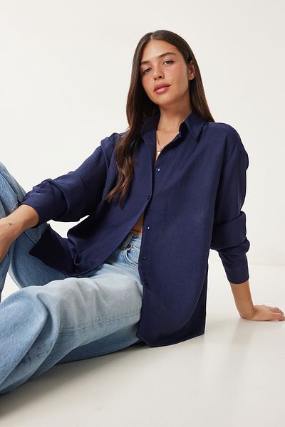 Happiness İstanbul Women's Navy Blue Oversize Linen Shirt Pb00052