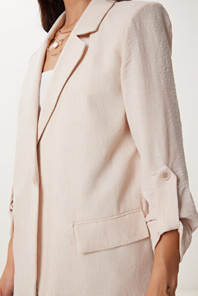 Happiness İstanbul Women's Beige Padded Linen Blazer Jacket Xl00003