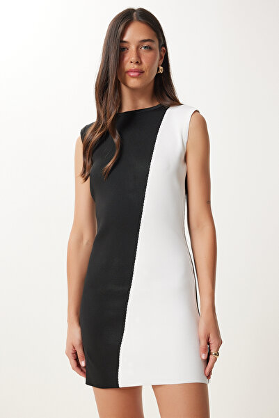Happiness İstanbul Kadın Siyah Beyaz Kontrast Renkli Esnek Mini Triko Elbise YY00243