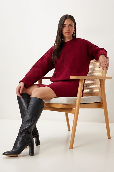 Happiness İstanbul Women's Burgundy Knitwear Sweater Skirt Set Mt00160