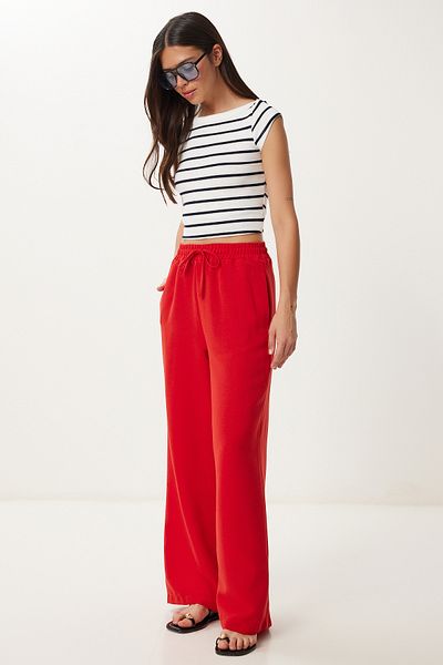 Happiness İstanbul Women's Red Wide Leg Linen Trousers Dp00261
