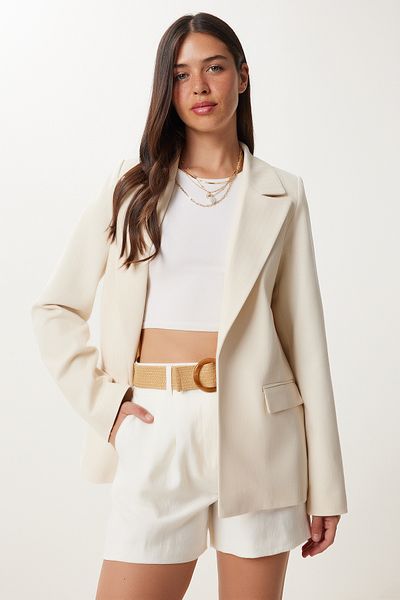 Happiness İstanbul Women's Cream Padded Linen Blazer Jacket Xl00004