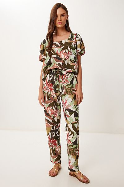 Happiness İstanbul Women's Khaki Dried Rose Patterned Linen Blouse Trousers Set Fi̇00001
