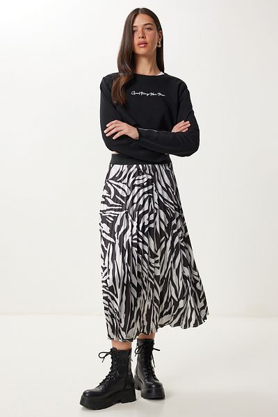 Happiness İstanbul Fusta midi cu suprafață din satin pliată, negru, gri, pentru femei PB00055