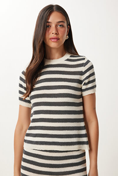 Happiness İstanbul Women's Gray Bone Striped Slit Knitwear Bottom-Top Set Yy00241