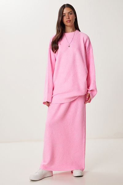Happiness İstanbul Women's Pink Soft Textured Knitwear Sweater Skirt Set Ki̇00129