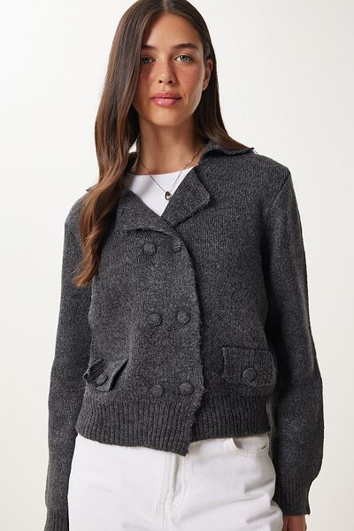Happiness İstanbul Women's Anthracite Double Button Knitwear Cardigan Yy00242