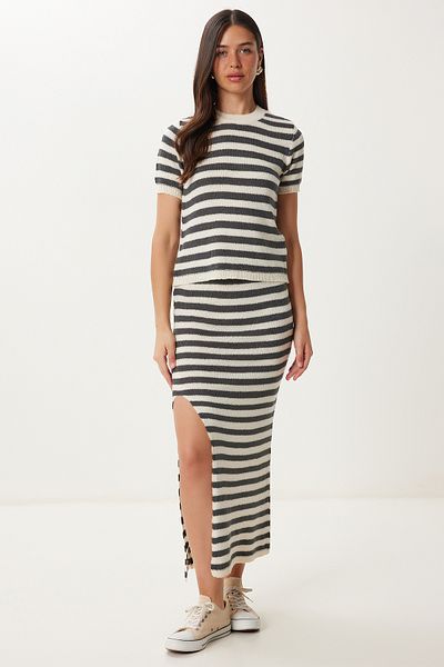 Happiness İstanbul Women's Gray Bone Striped Slit Knitwear Bottom-Top Set Yy00241