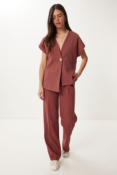 Happiness İstanbul Women Tile Stylish Buttoned Linen Blouse Pants Suit No00029