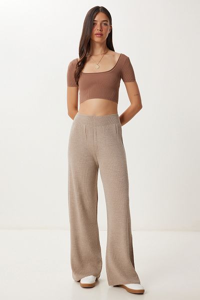 Happiness İstanbul Women's Mink Ribbed Knitwear Trousers Ki̇00096