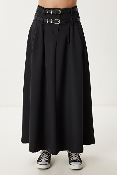 Happiness İstanbul Women's Black Double Belted Flared Woven Skirt Rg00082