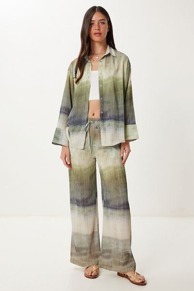 Happiness İstanbul Women's Green Tie Dye Patterned Woven Shirt Pants Set Hr00006
