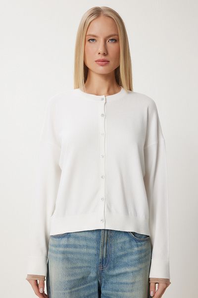 Happiness İstanbul Women's Bone Contrast Stripe Detailed Knitwear Cardigan Us00953