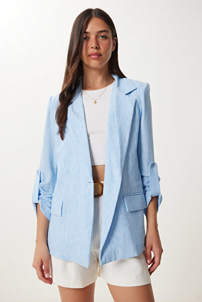 Happiness İstanbul Kadın Gök Mavi Vatkalı Keten Blazer Ceket XL00003
