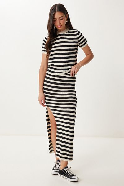 Happiness İstanbul Women's Black Bone Striped Slit Knitwear Bottom-Top Set Yy00241