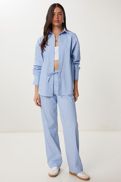 Happiness İstanbul Women's Blue White Striped Shirt Pants Suit Wf00139
