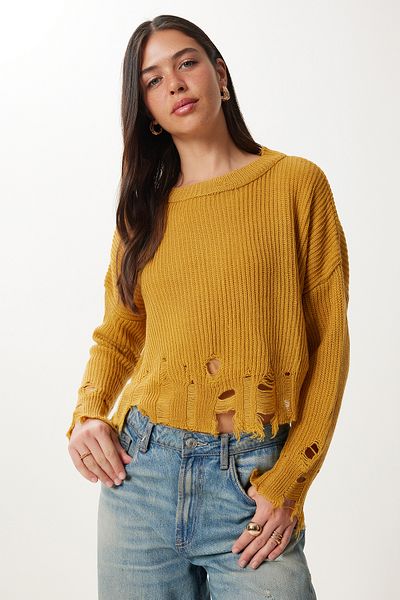 Happiness İstanbul Women's Mustard Ripped Detailed Oversize Knitwear Sweater Ki00098
