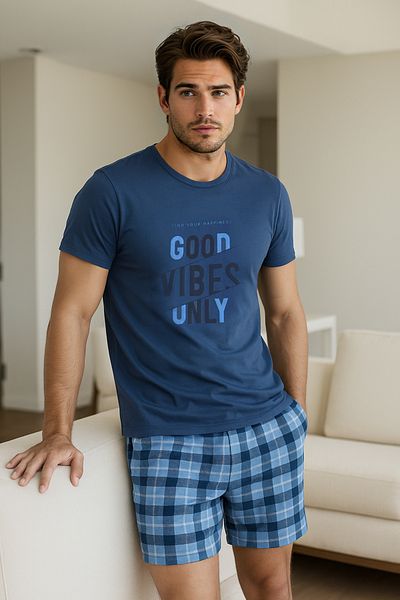 Trendyol Collection Σετ πιτζάμες μπλε καρό σορτς μεγάλου μεγέθους - TMNSS25AI00002