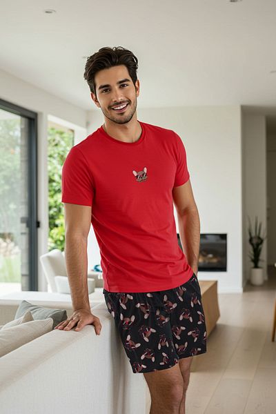Trendyol Collection Piros, normál szabású, nyomott rövidnadrág kötött pizsama szett TMNSS25PT00020
