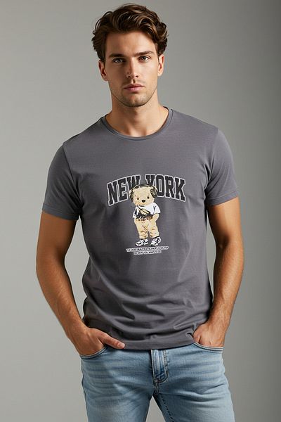 Trendyol Collection Gray Slim/Fit New York Teddy Bear Printed Cotton T-Shirt Tmnss25Ts00183