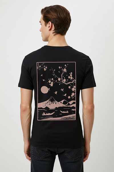 Trendyol Collection Black Slim/Fitted Japanese Wood Back Printed Cotton T-Shirt Tmnss25Ts00183