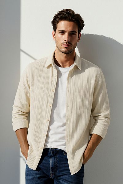 Trendyol Collection Μπεζ κανονική εφαρμογή με υφή ζακάρ ντραπέ πουκάμισο TMNSS25GO00070