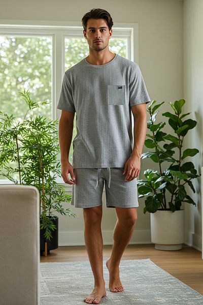 Trendyol Collection Grau Melange Oversize Fit Cord gestrickte Shorts Pyjama Set TMNSS25PT00030