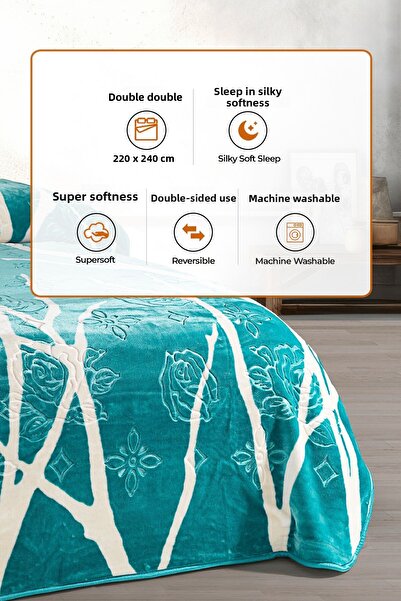 Evlen Home Collection 4 Kg Blanket Supersoft Embos Thick Soft Plush Double Soft 220x240 cm Devin Turquoise