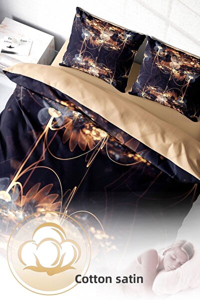 PerlaSera 3D Custom Design - Double Duvet Cover Set, Tightly Woven Cotton Satin, Brown Lotus