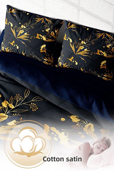 PerlaSera Set de lenjerie de pat cu design personalizat 3D - satin de bumbac țesut dens, frunze de aur, dublu