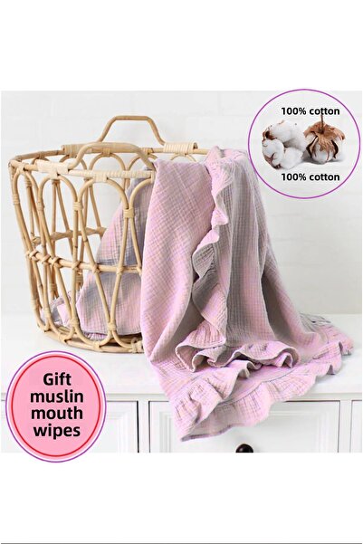 LusnikaStore غطاء كشكش موسلين 100 × 100 100% قطن عضوي 100 × 100 سم وردي عادي ...