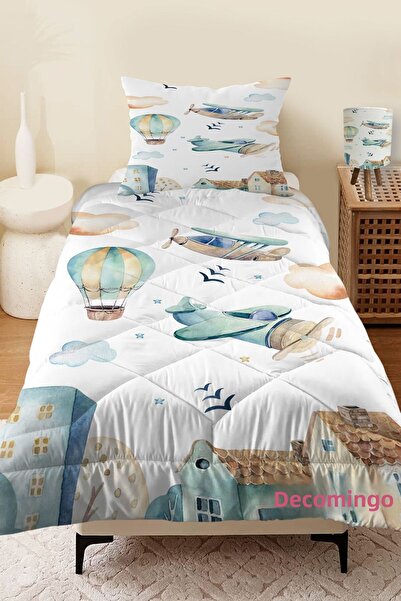 dekomingo Cuvertură și husă de pernă pentru copii cu model cu balon și avion