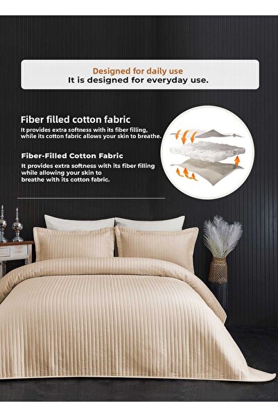 Evlen Home Collection طقم غطاء سرير مبطن من القطن (بيكيه) من جودي، مخطط، يومي، بسيط، لون بيج