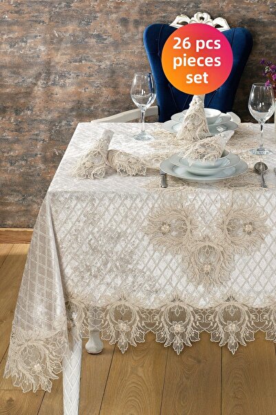 Evlen Home Set fata de masa de lux din catifea Dantela Dantela Grand Cappuccino