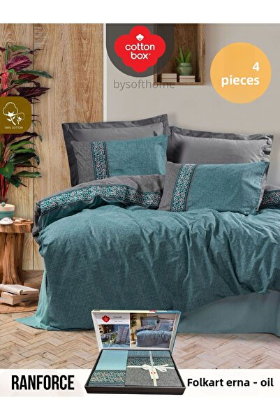 Cotton Box FOLKART ERNA PETROL Ranforce Σετ Παπλωματοθήκης Διπλό 100% Βαμβάκι