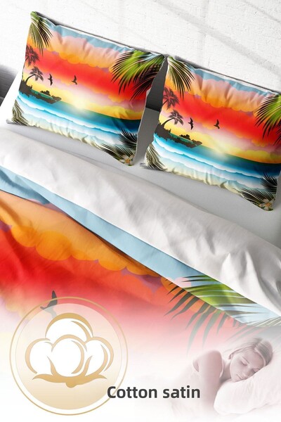 PerlaSera Design personalizat 3D - Set de lenjerie de pat dublu din satin de bumbac, la apusul soarelui