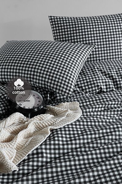 Simple Deco طقم غطاء لحاف مزدوج مربع صغير أسود 100% قطن