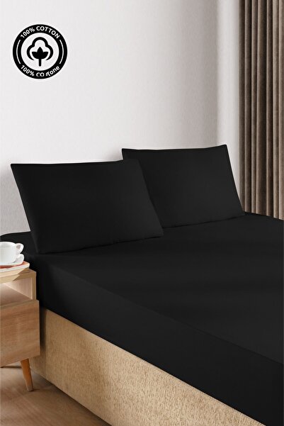 CEMETEKS FİRUZE 100% Cotton Black Double Ranforce Fabric Fitted Sheet Pillowcases Set /160X200/180X200/