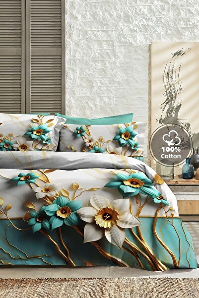 MonoHome 100% bumbac Ranforce Dowry Luxury 5d Digital Set de pat dublu turcoaz