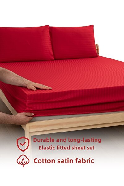 MODELHOME Red Colored Double Cotton Striped Satin Elastic Sheet Set