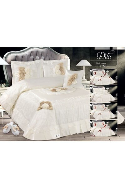 BALADI HOME High Quality Dowry Bed Cover - French Lace and Quilted, Set 4 Pieces